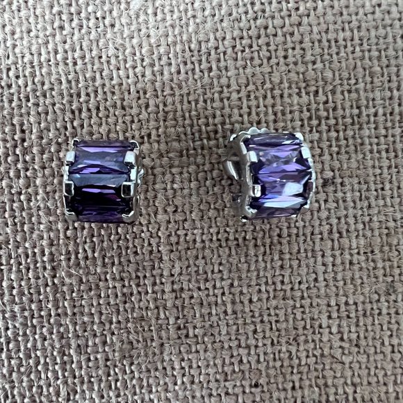 Lilac purple crystal silver tone huggie earrings dainty small lightweight - Picture 2 of 4